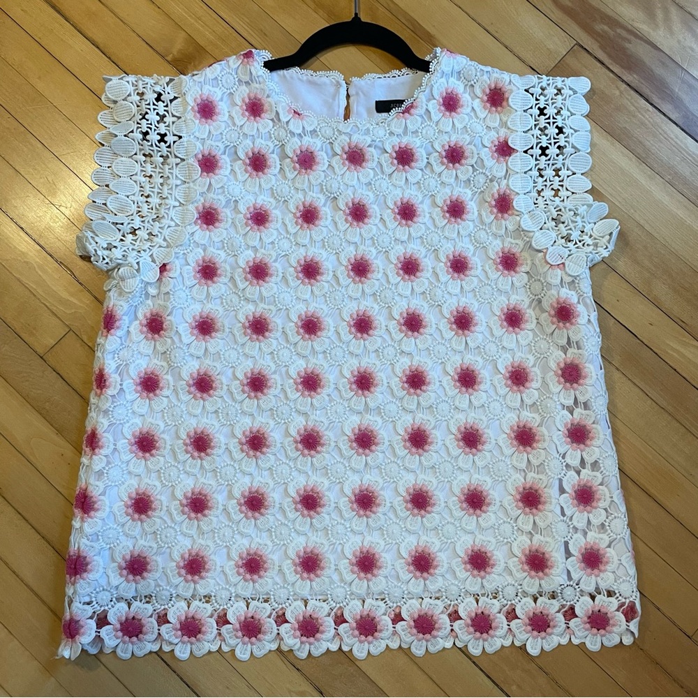 J. CREW Mosaic Floral Lace Crochet Top Blouse Cap Sleeves Lined White Pink